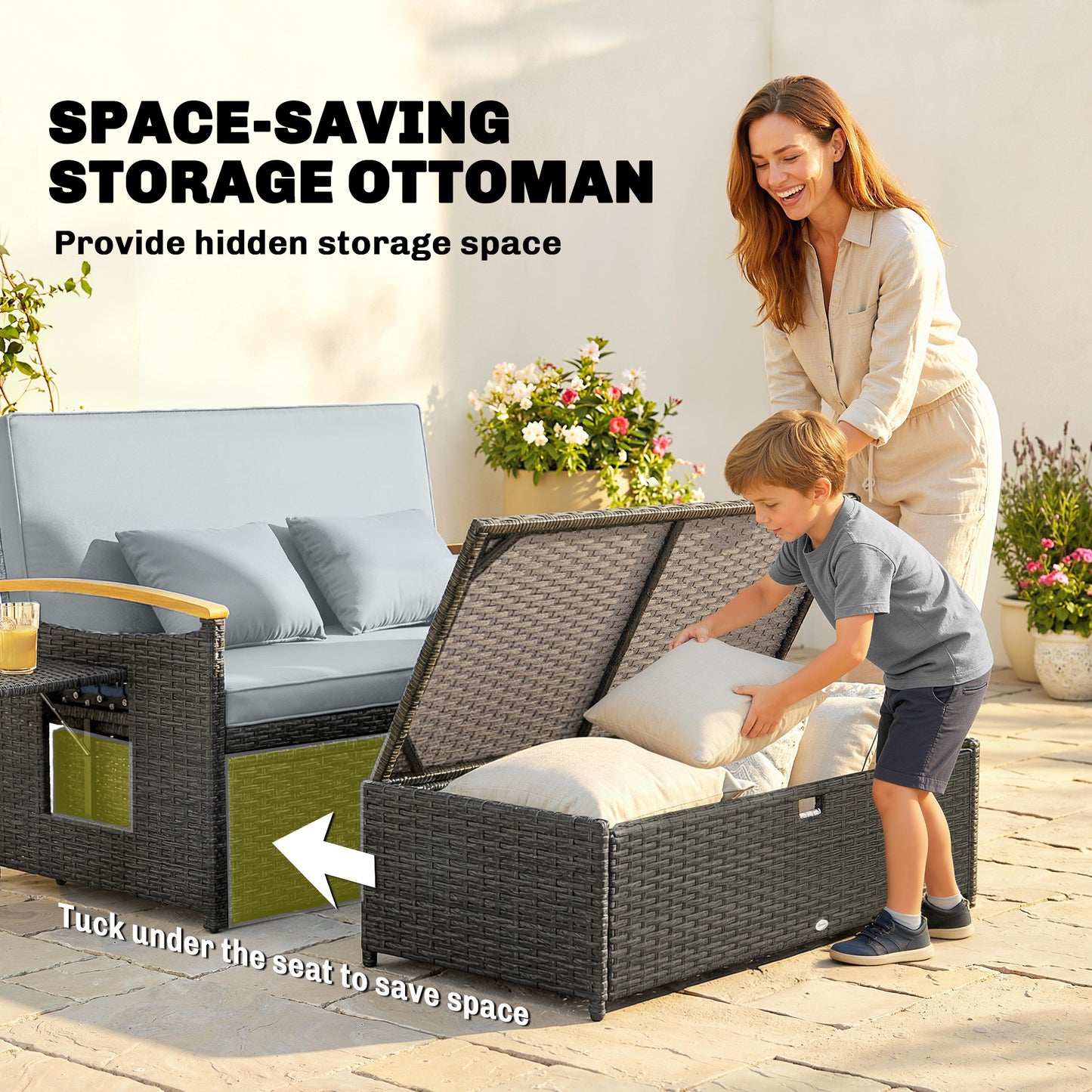 Outsunny Double Outdoor Rattan Daybed Chaise Lounger With Storage Ottoman And 4-Level Adjustable Backrest Dark Grey