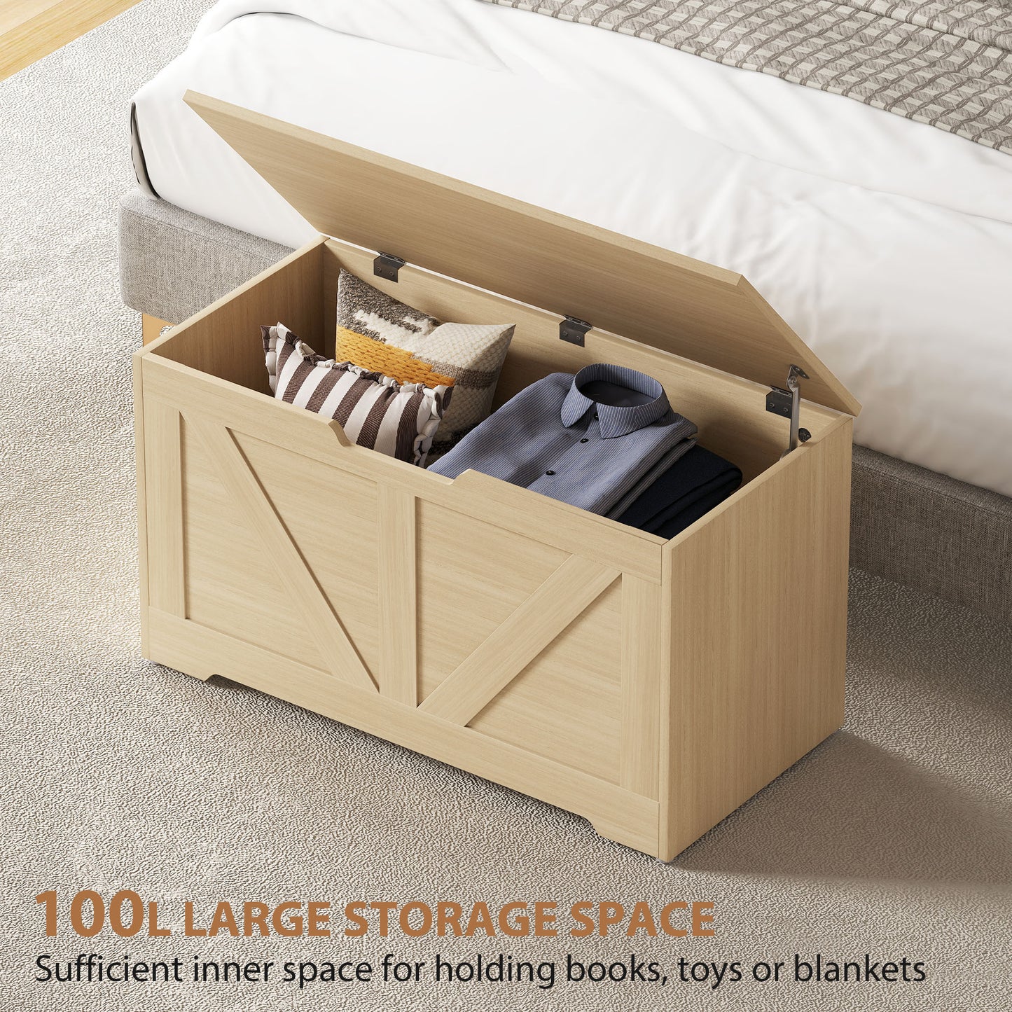 HOMCOM 100L Storage Ottoman Box With Safety Hinges Natural Wood Finish Seat And Storage