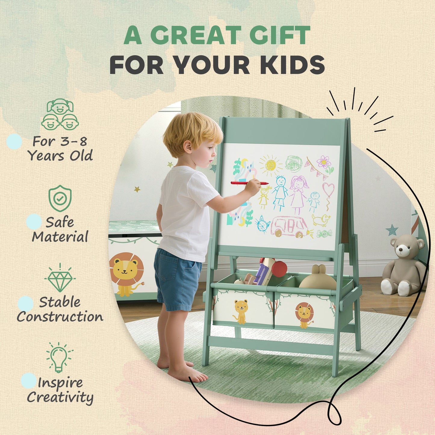 AIYAPLAY Art Easel For Kids Double Sided Whiteboard Chalkboard And Paper Roll Storage Boxes Ages 3 To 8 Green