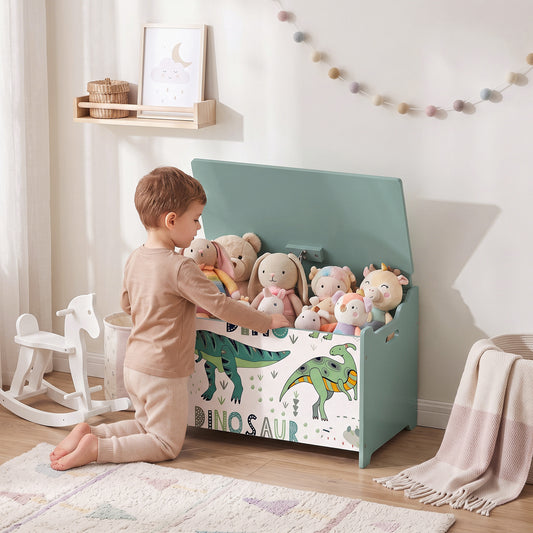 Green wooden toy storage chest with dinosaur print and open lid holding plush toys