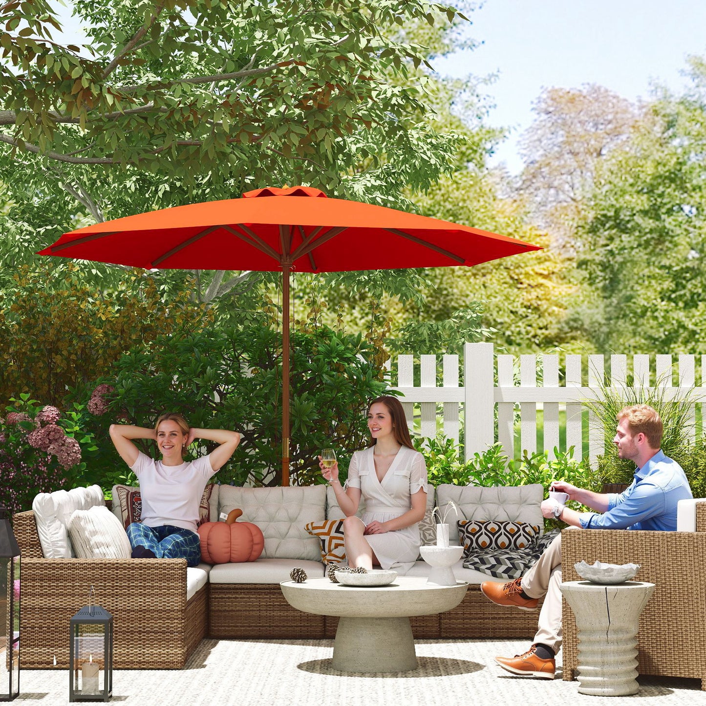 Outsunny 3m Wood Pole Parasol Umbrella Orange For Patio Garden With Vented Canopy And Adjustable Angle Three Positions