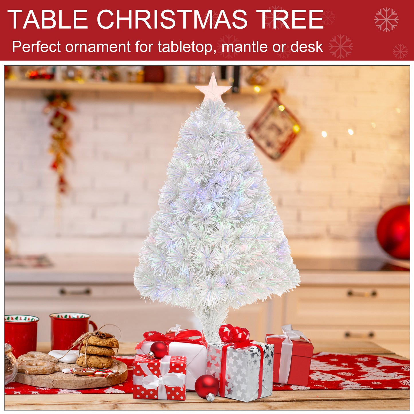 HOMCOM Mini White Prelit Christmas Tree with Fibre Optic Lights - 2.5FT Tabletop Holiday Decor - ALL4U RETAILER LTD