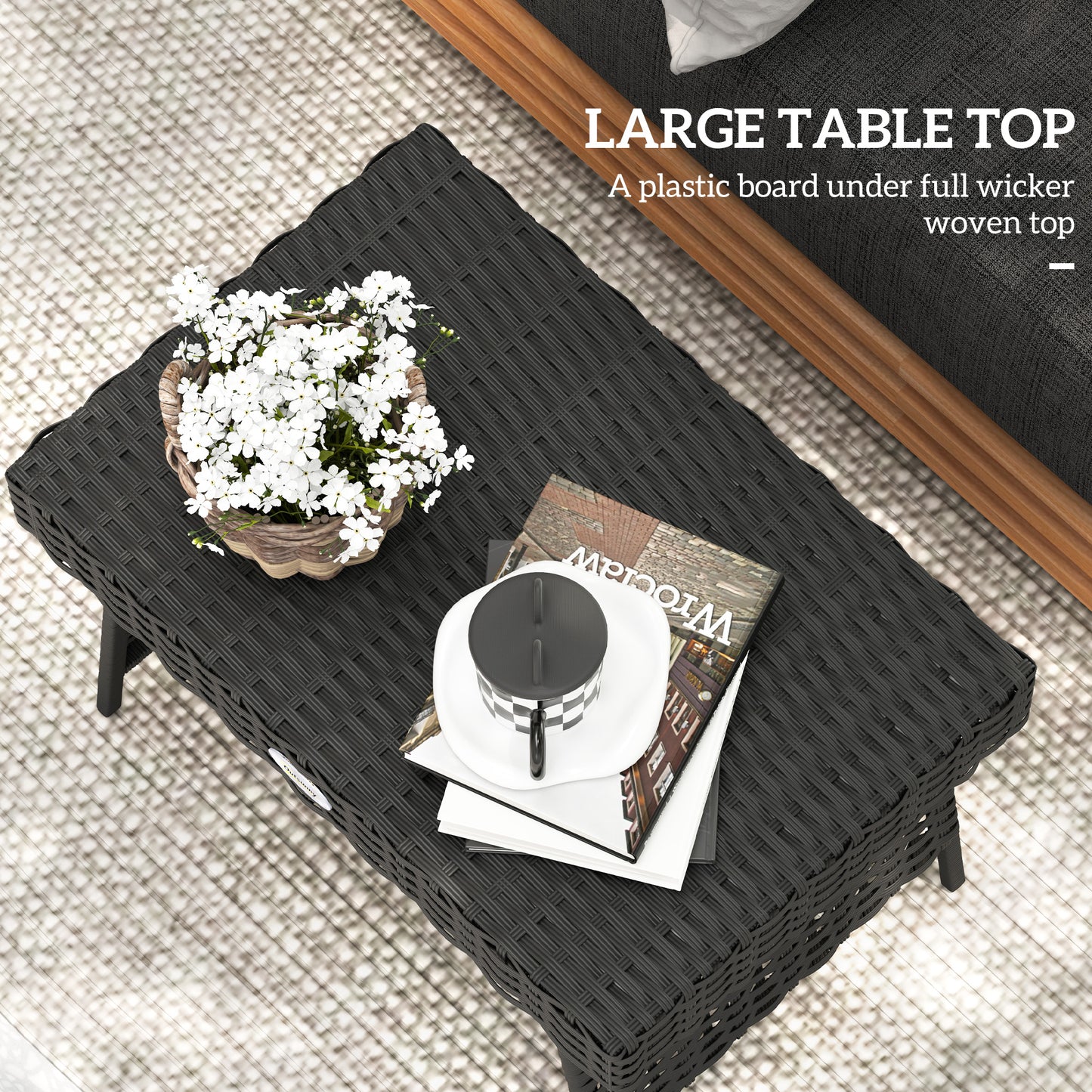 Outsunny Foldable Outdoor Side Table Rattan Garden Table With Steel Frame Space Saving Patio Balcony Black 60x41x41 Cm