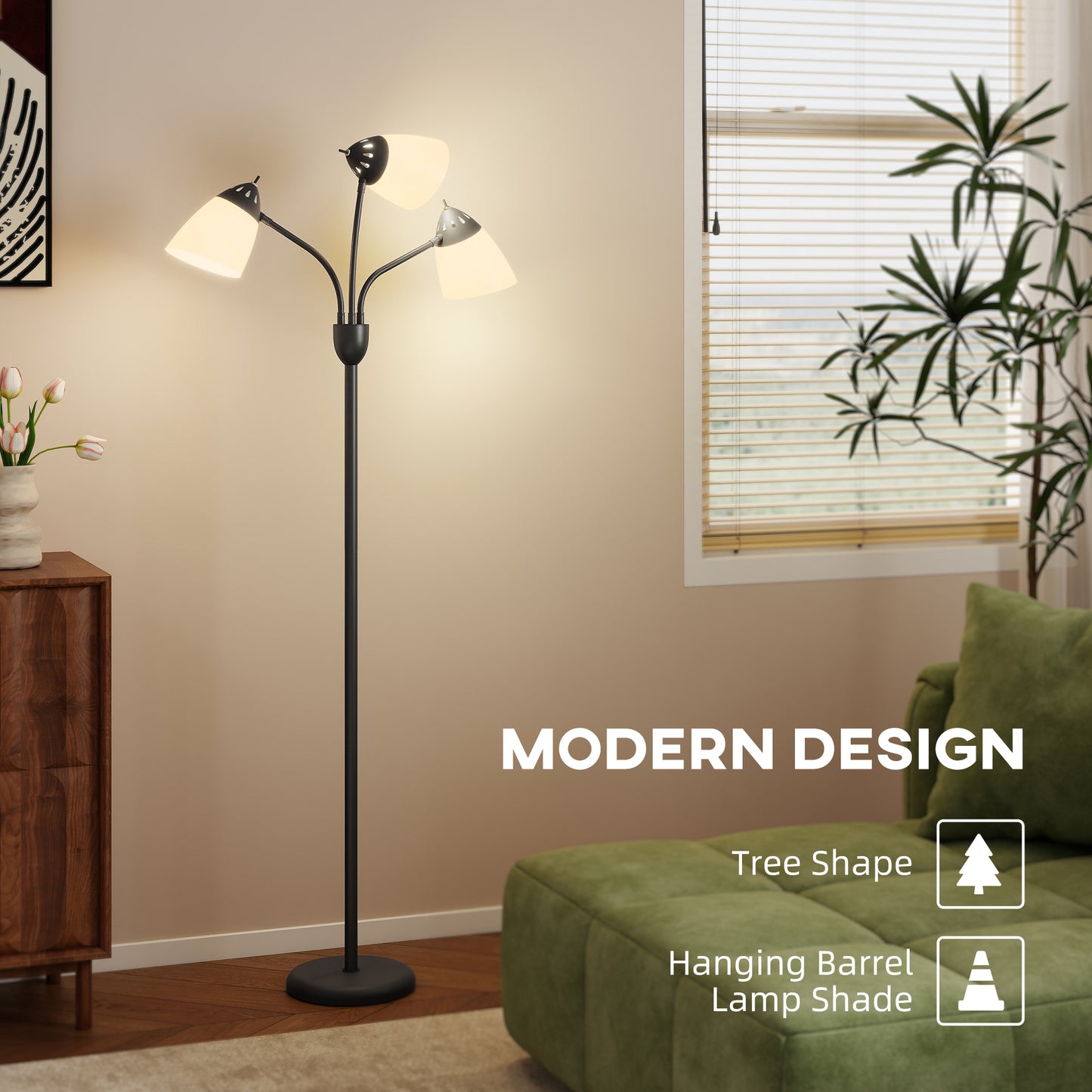 HOMCOM Arc Tree Floor Lamp With 3 Adjustable Lights And 3000K 4500K 6500K Color Temperatures 155cm Tall Black Steel Frame