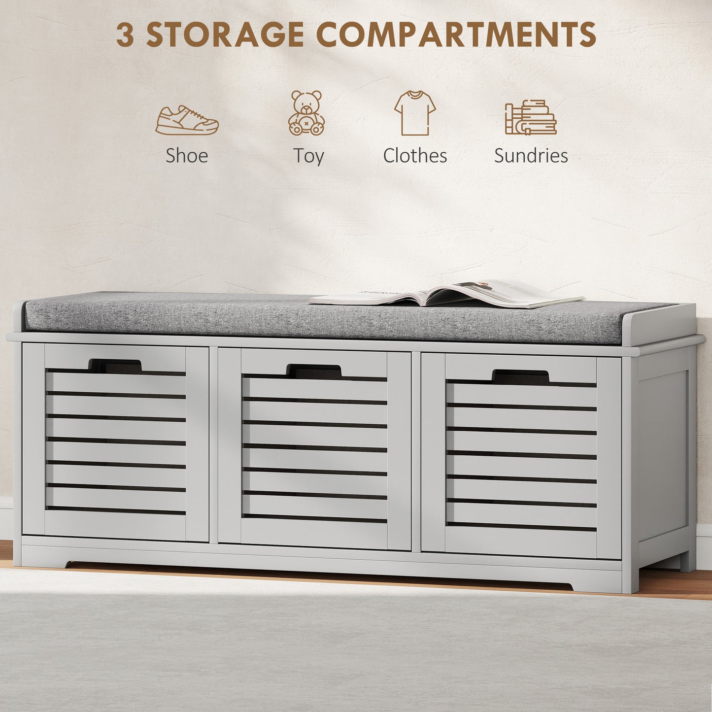 HOMCOM Three Compartment Shoe Storage Bench With Cushioned Top In Grey For Entryway Hallway