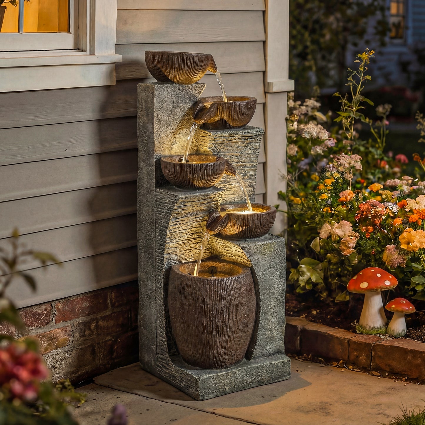 Outsunny Outdoor Fountain 5 Tier Garden Waterfall With LED Lights Adjustable Flow Grey And Rustic Brown