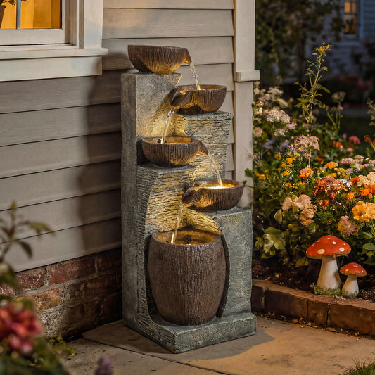 Outsunny Outdoor Fountain 5 Tier Garden Waterfall With LED Lights Adjustable Flow Grey And Rustic Brown