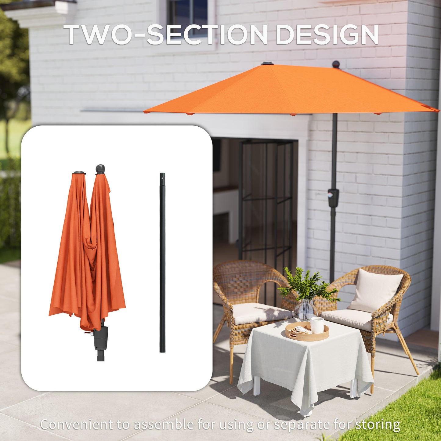 Outsunny 2m Half Parasol Umbrella Orange Extra Long Canopy For Wall Or Window Shade Outdoor Garden Sun Shelter
