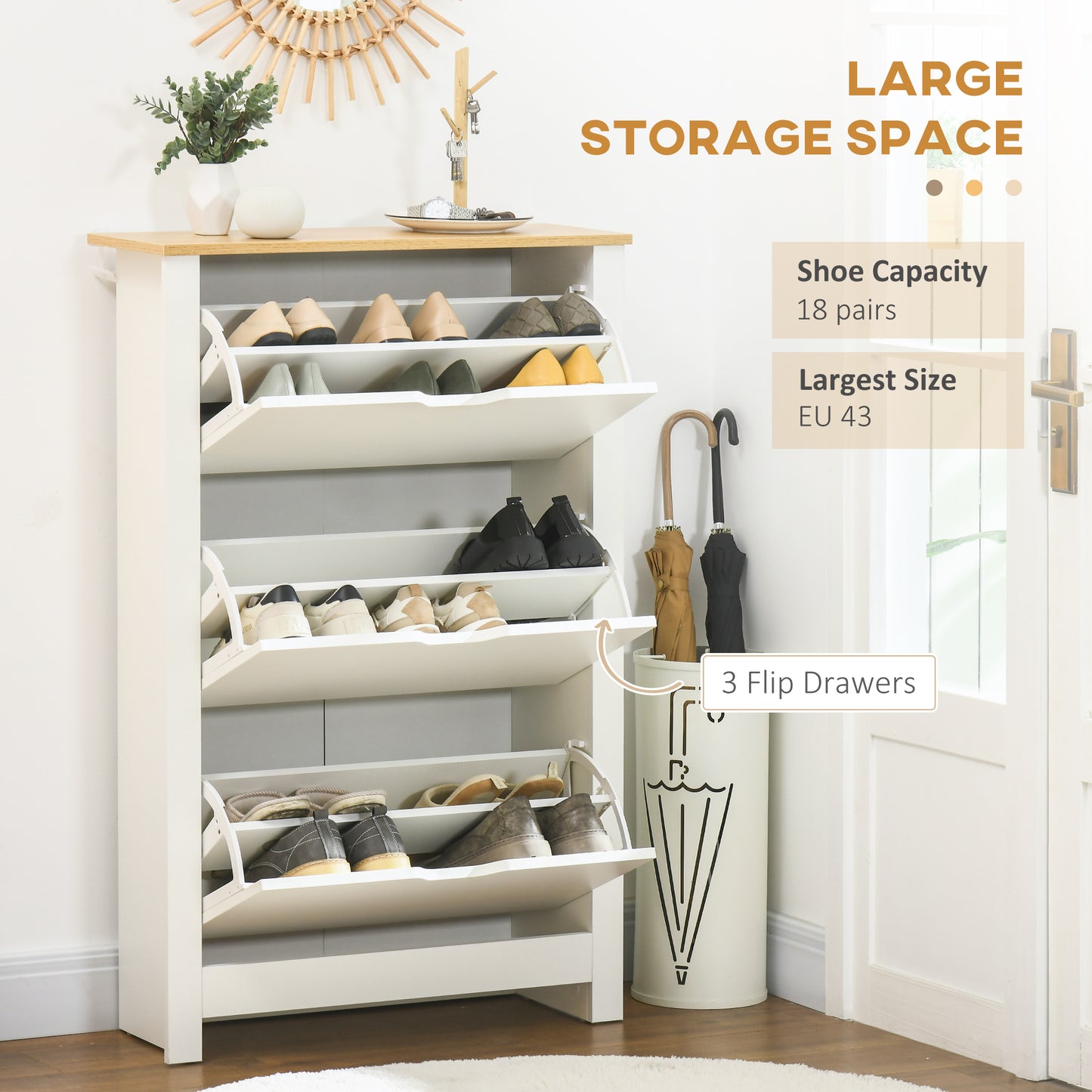 HOMCOM Compact White Shoe Storage Cabinet with 3 Flip Drawers for 18 Pairs of Shoes, Ideal for Hallway - ALL4U RETAILER LTD