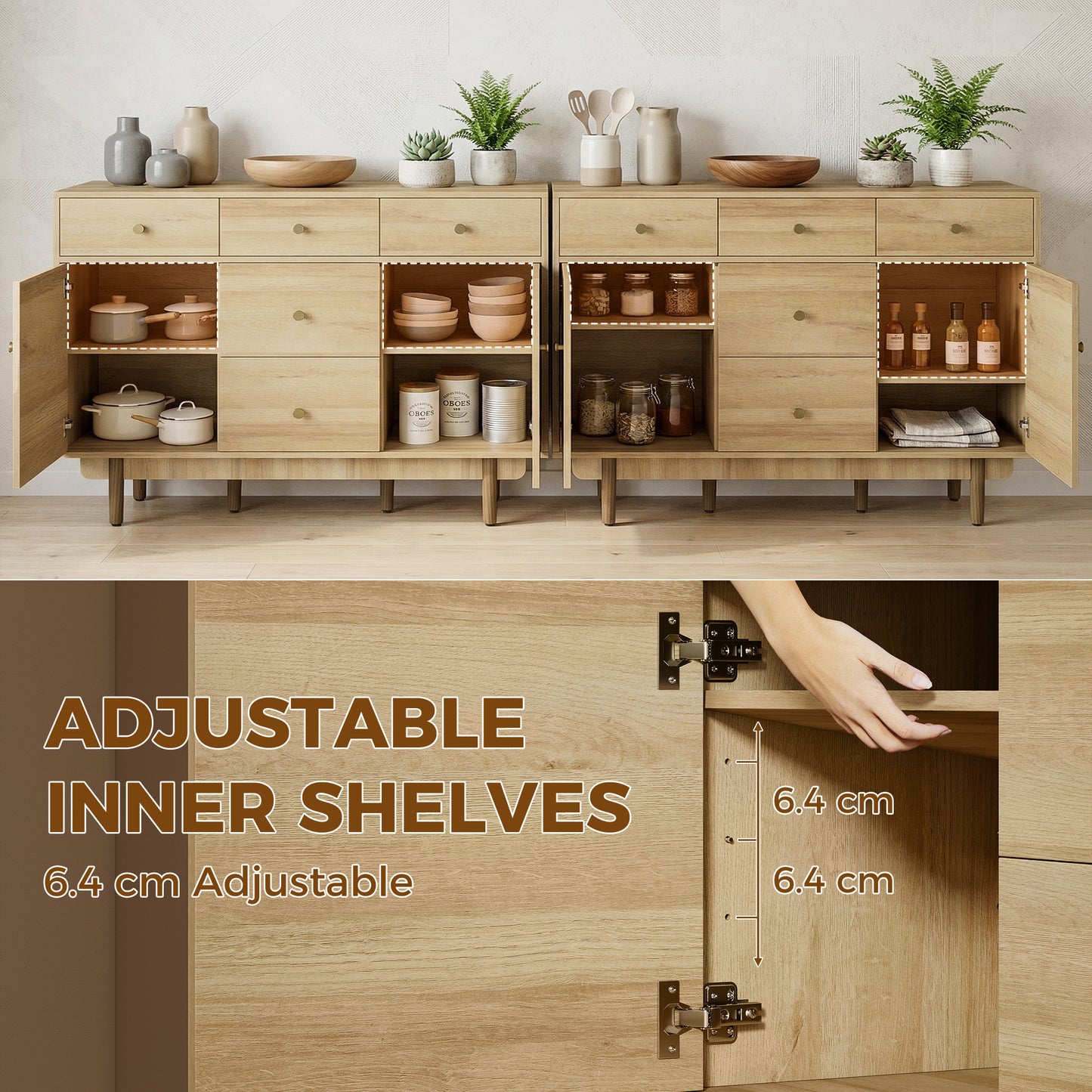 HOMCOM Walnut Sideboard With Five Drawers And Two Cabinets Solid Wood Legs 136 cm Buffet