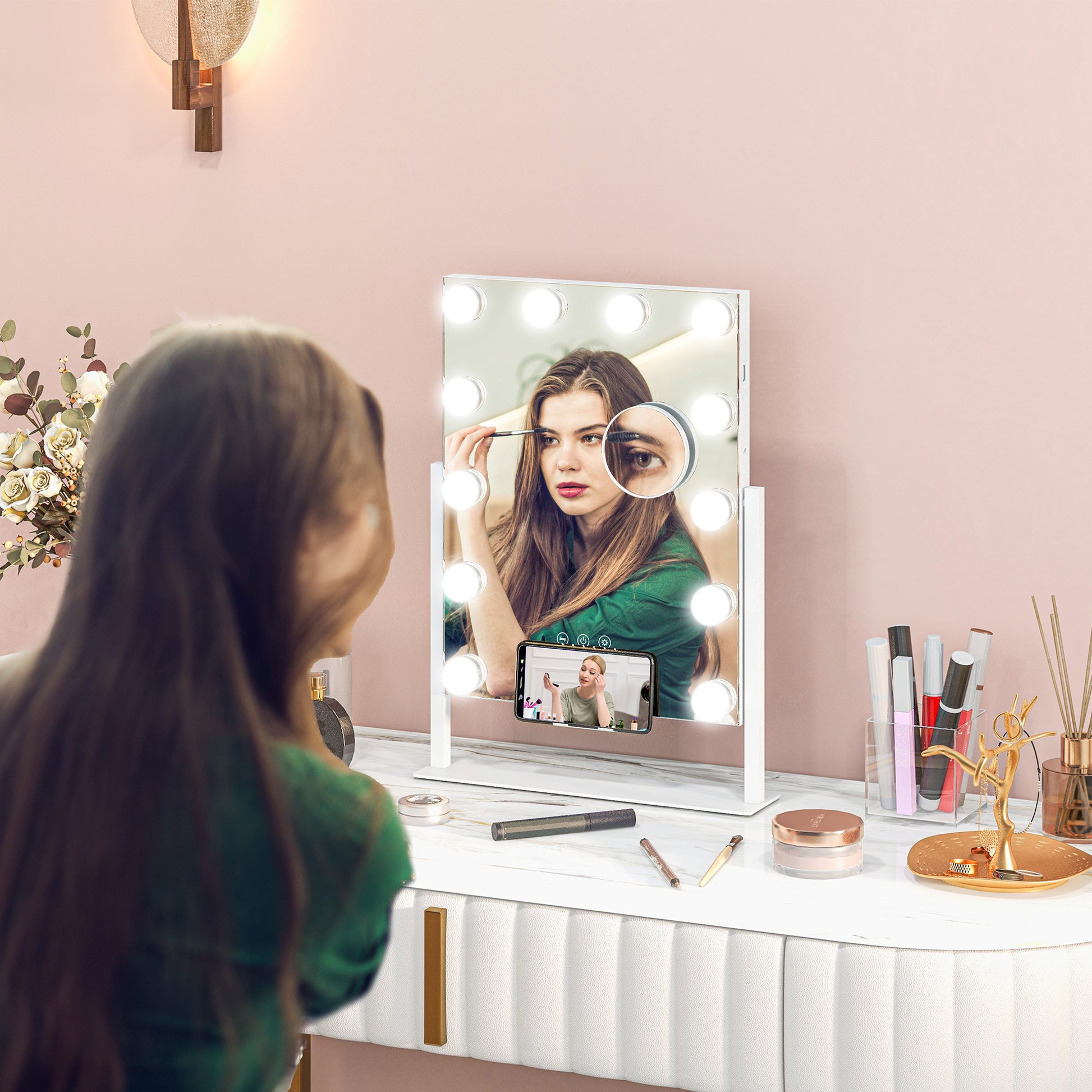 HOMCOM Lighted Makeup Mirror with Adjustable Brightness & USB Charging, 37x46 cm Hollywood Vanity Mirror - ALL4U RETAILER LTD