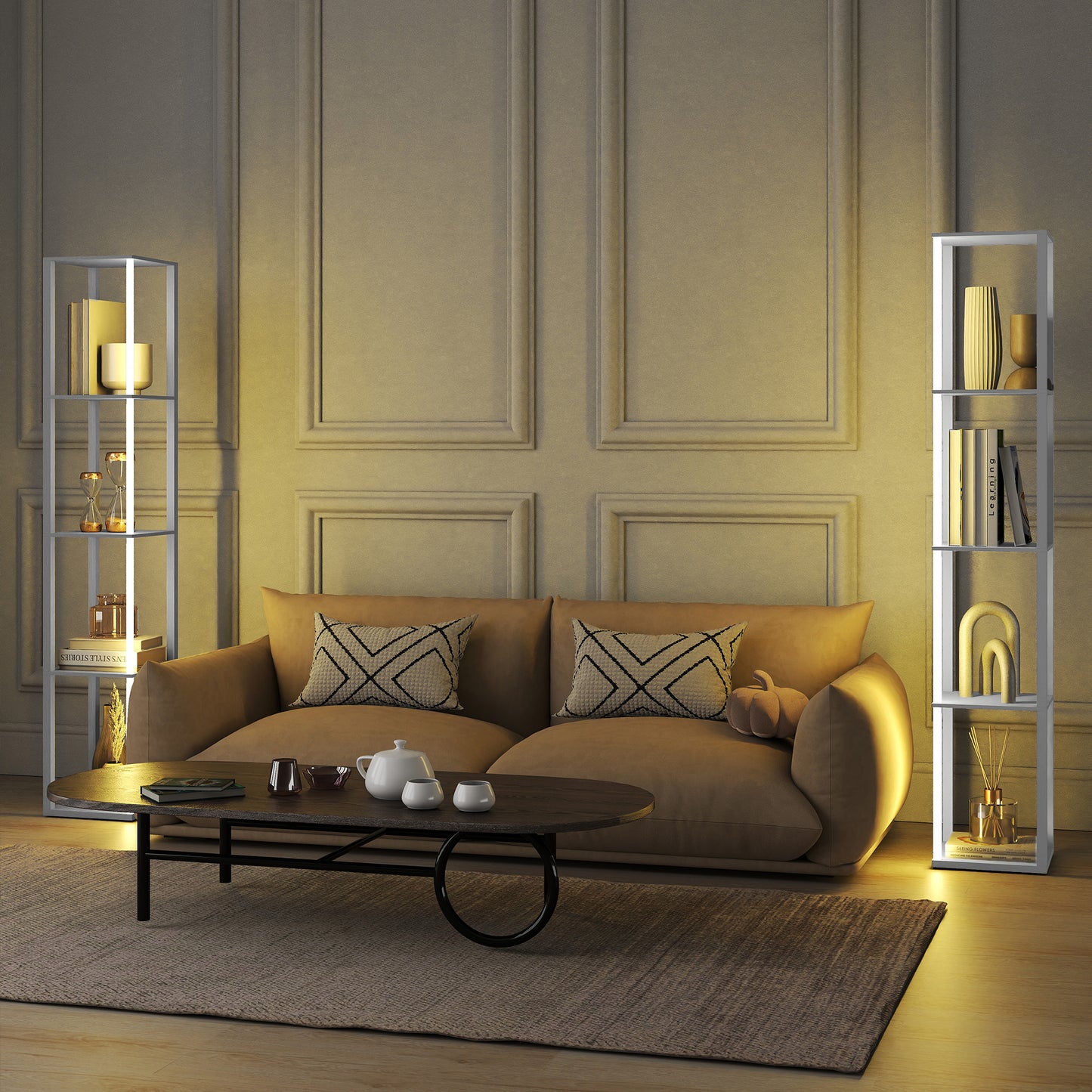HOMCOM RGB LED Floor Lamp With Shelves Modern Dimmable Standing Lamp With Remote For Living Room Bedroom Office White