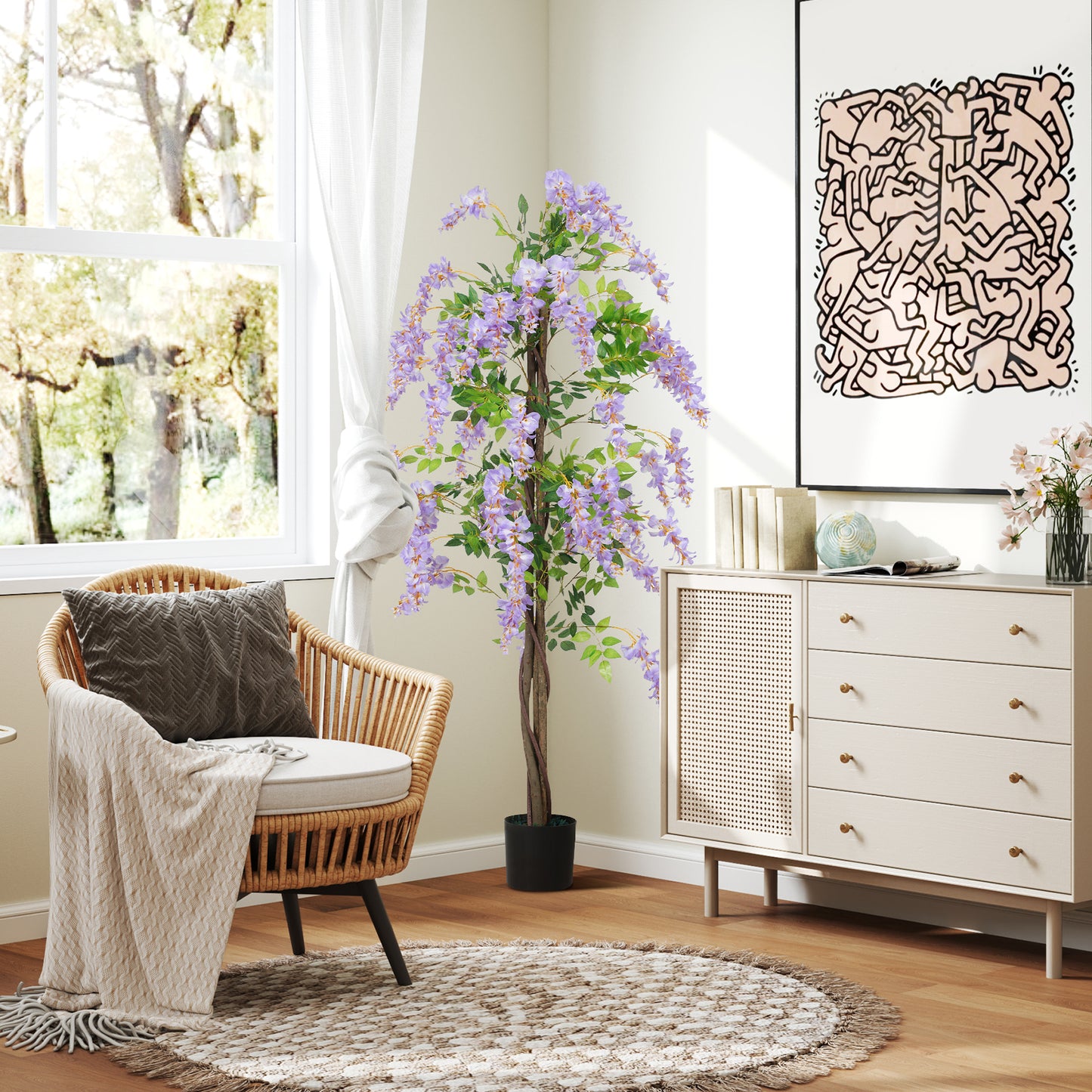 HOMCOM 180cm Ficus Artificial Tree With Wisteria Flowers In Nursery Pot Indoor Tall Faux Floor Plant Purple