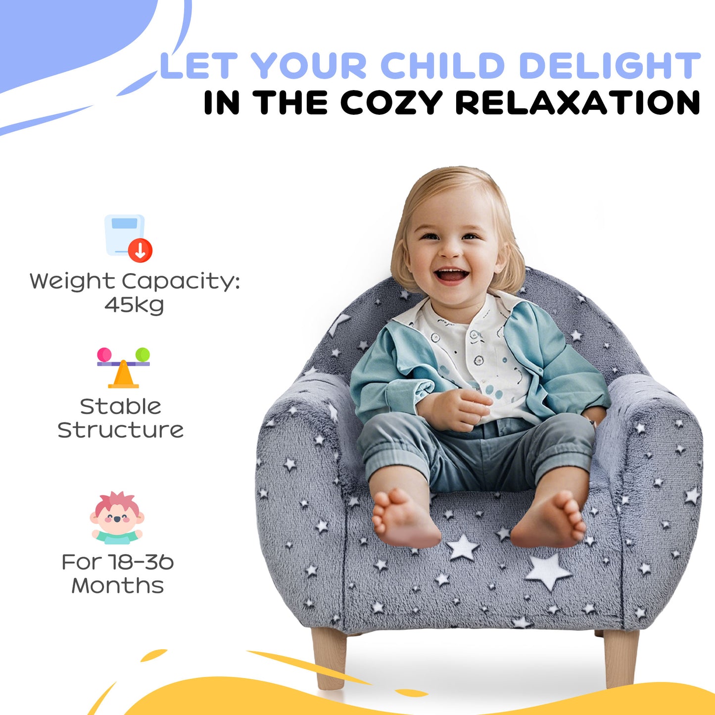 AIYAPLAY Kids Glow In The Dark Armchair With Star Design For Bedroom Playroom Kids Room Grey