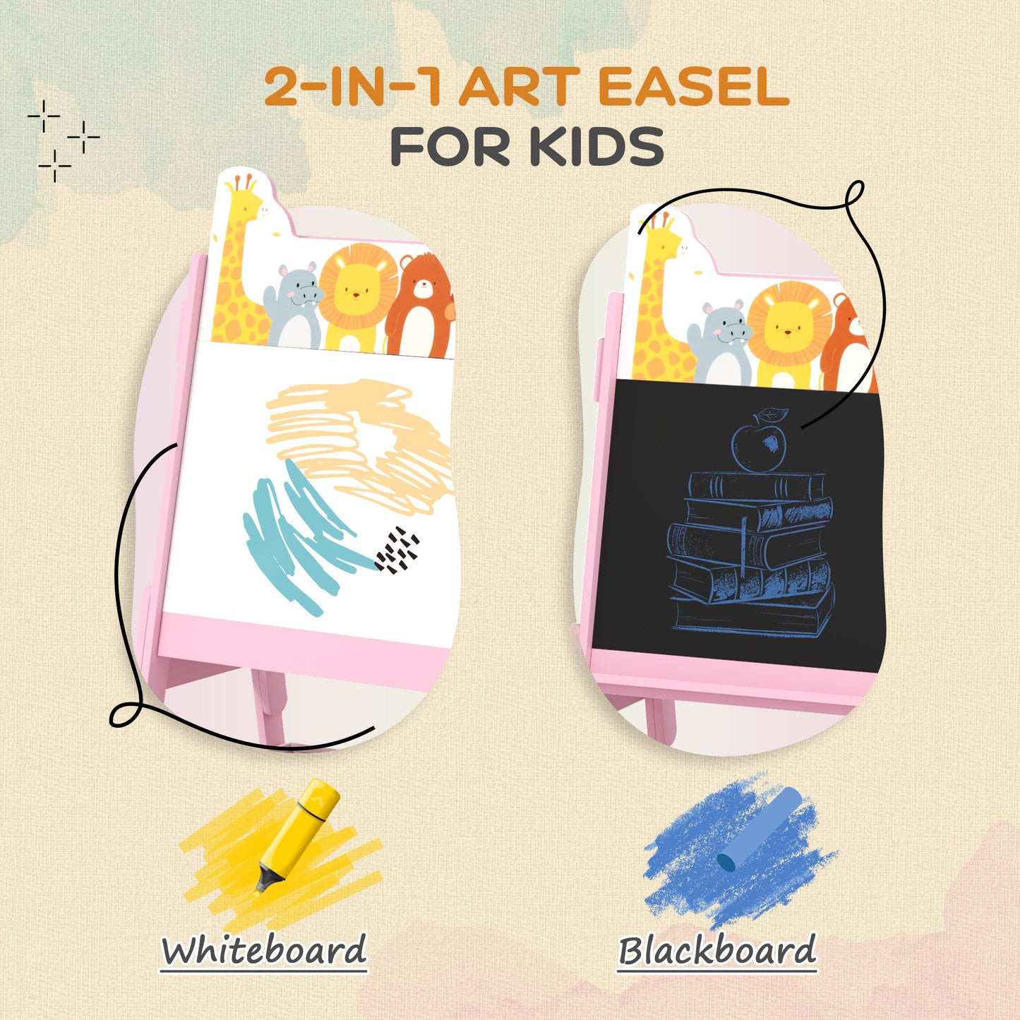 AIYAPLAY 2 In 1 Kids Easel With Whiteboard And Chalkboard Storage Boxes For Ages 3 To 8 Pink