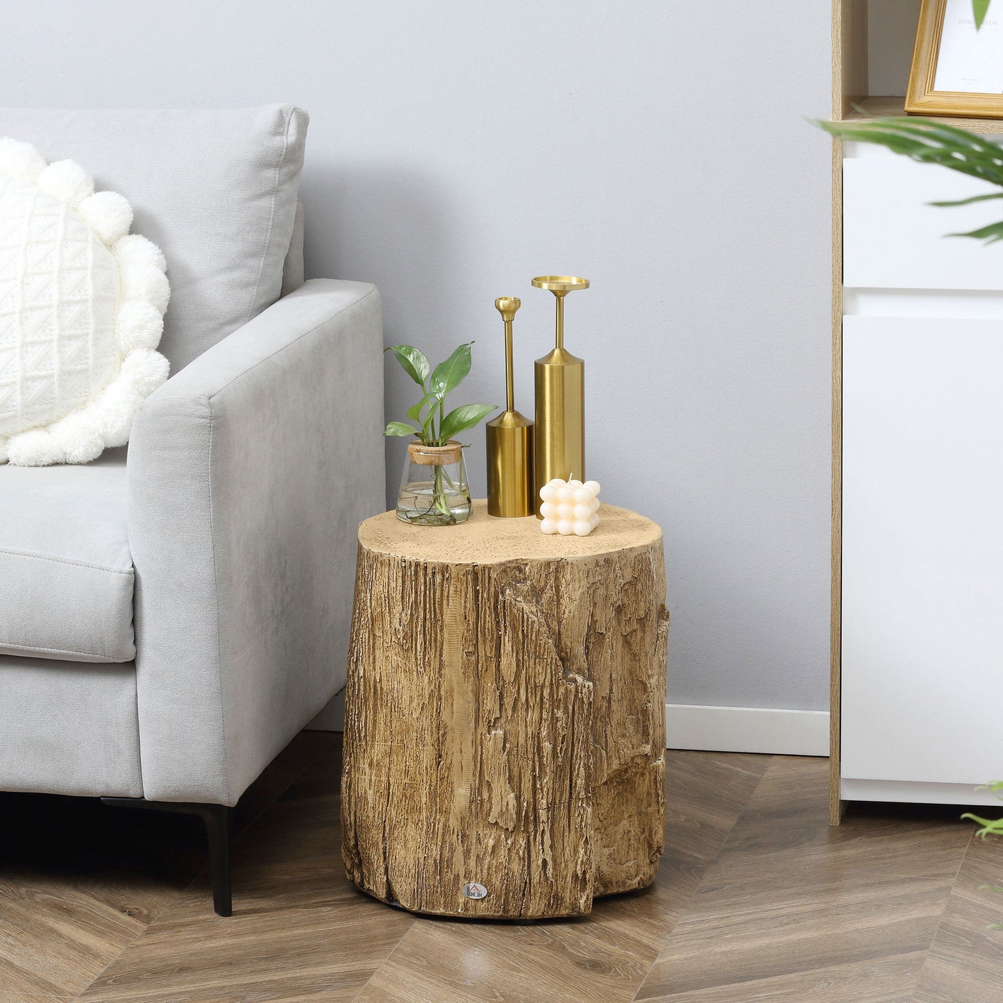 HOMCOM Tree Stump End Table Round Concrete Side Table for Indoor and Outdoor Use Natural Wood Effect