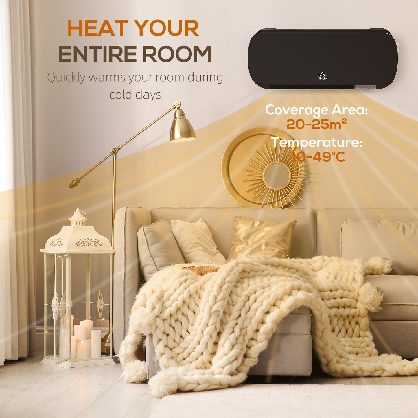 HOMCOM 2000W Wall Mounted Ceramic Space Heater Black With Adjustable Temperature Range 10 To 49 C For Fast Home Heating