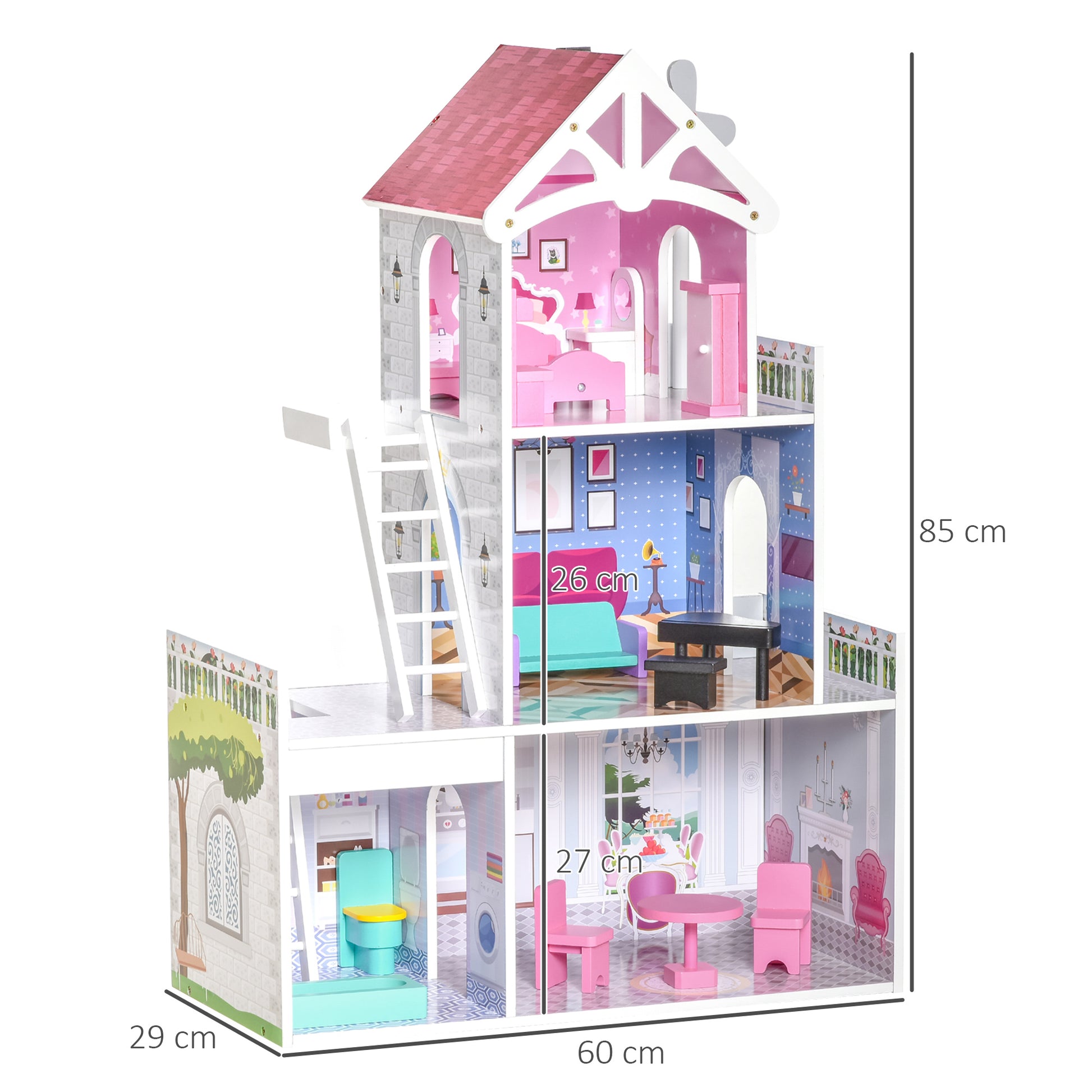 HOMCOM Multi-Level Pink Dollhouse Villa with Furniture Set for Toddler Girls - ALL4U RETAILER LTD