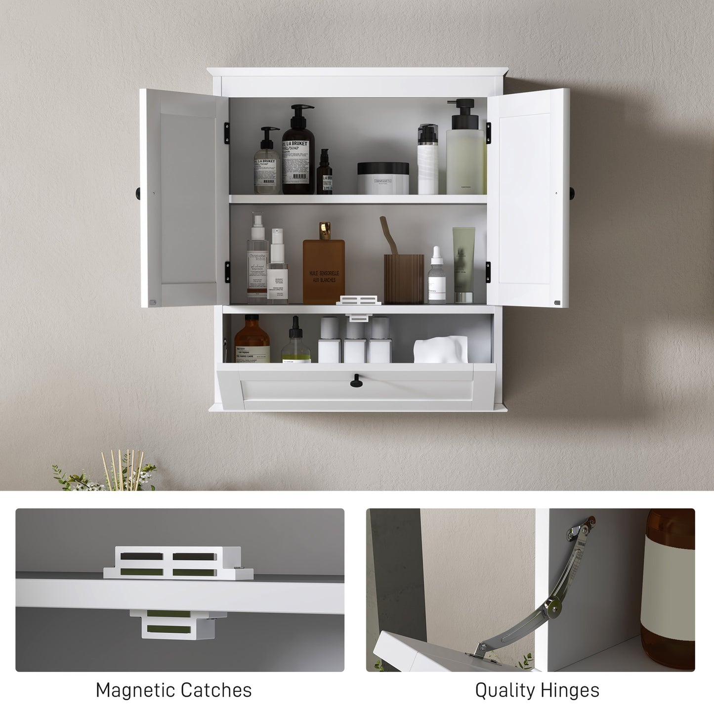 HOMCOM White Wall Mounted Bathroom Cabinet With Adjustable Shelf And Recessed Doors Three Compartments