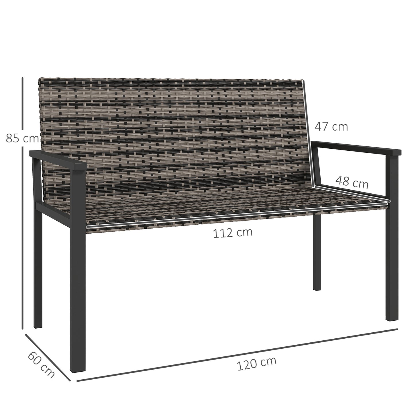 Outsunny Two Seater Rattan Garden Bench Mixed Grey Weather Resistant Steel Frame With Quick Dry Padding