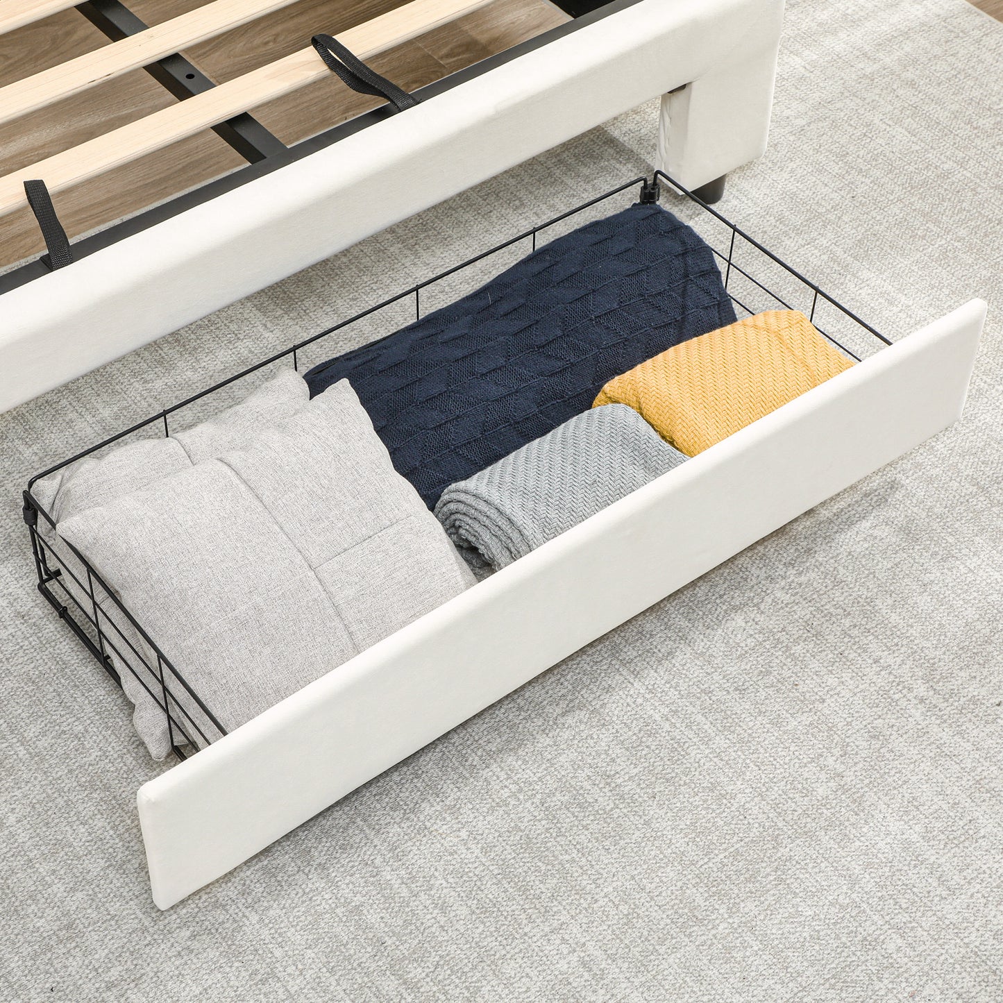 HOMCOM Double Ottoman Bed Frame With Front Drawer Storage Cream 140 x 193.5 cm Gas Lift Mechanism And Easy Lift