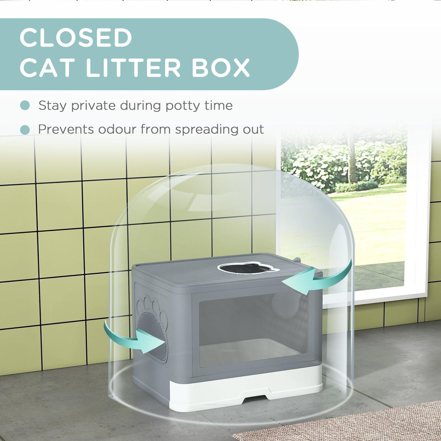 PawHut Cat Litter Box Enclosed with Lid Front Entry Top Exit, Drawer Tray, Scoop, Brush, 48.5 x 38 x 36.5cm - Grey - ALL4U RETAILER LTD