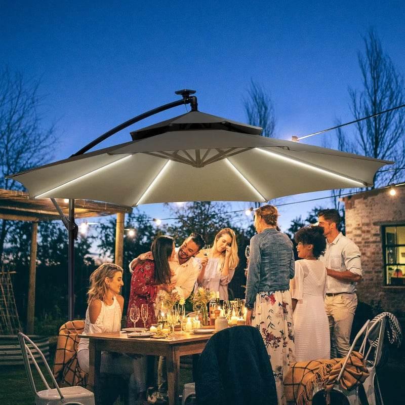 Outsunny 3m Cantilever Banana Parasol with Double Roof, LED Solar Lights, Crank, 8 Sturdy Ribs, Cross Base, for Outdoor Garden Patio, Light Grey - ALL4U RETAILER LTD