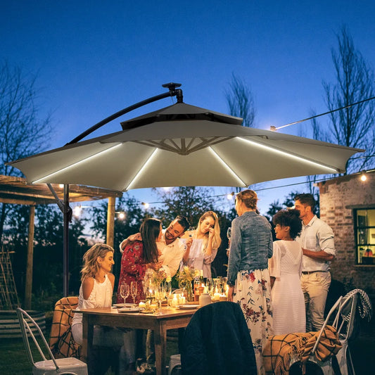 Outsunny 3m Cantilever Banana Parasol with Double Roof, LED Solar Lights, Crank, 8 Sturdy Ribs, Cross Base, for Outdoor Garden Patio, Light Grey - ALL4U RETAILER LTD