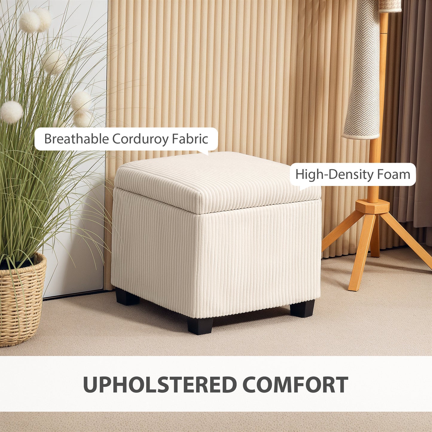 HOMCOM Corduroy Storage Ottoman Bench With Wooden Legs 30L Chest Box 40cm Bed End Bench For Living Room Entryway Beige