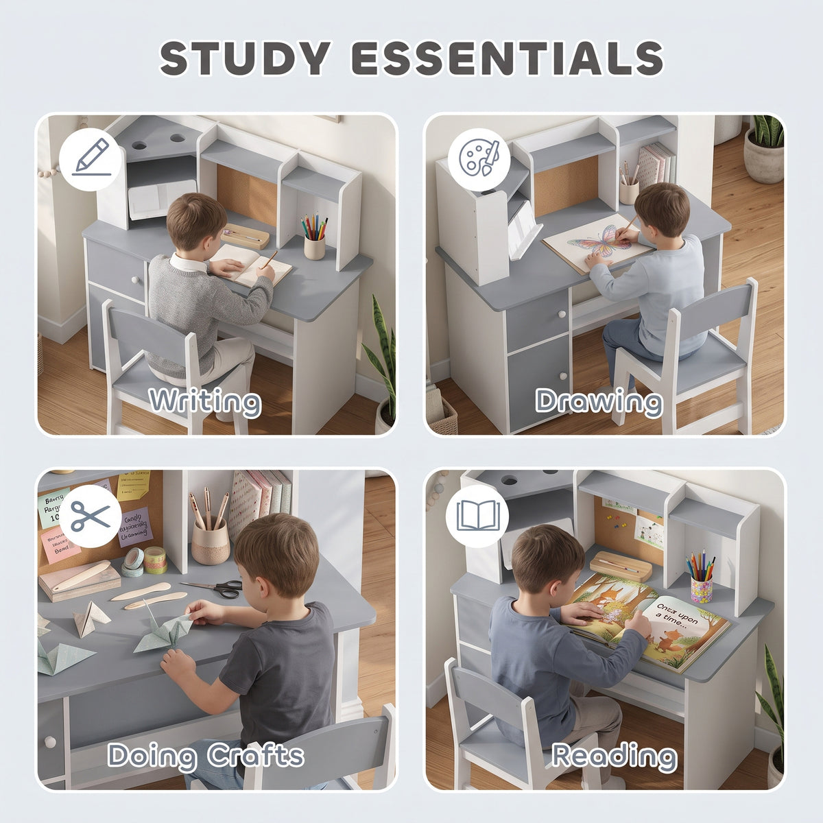 AIYAPLAY Grey Kids Desk and Chair Set With Storage and Adjustable Tablet Stand