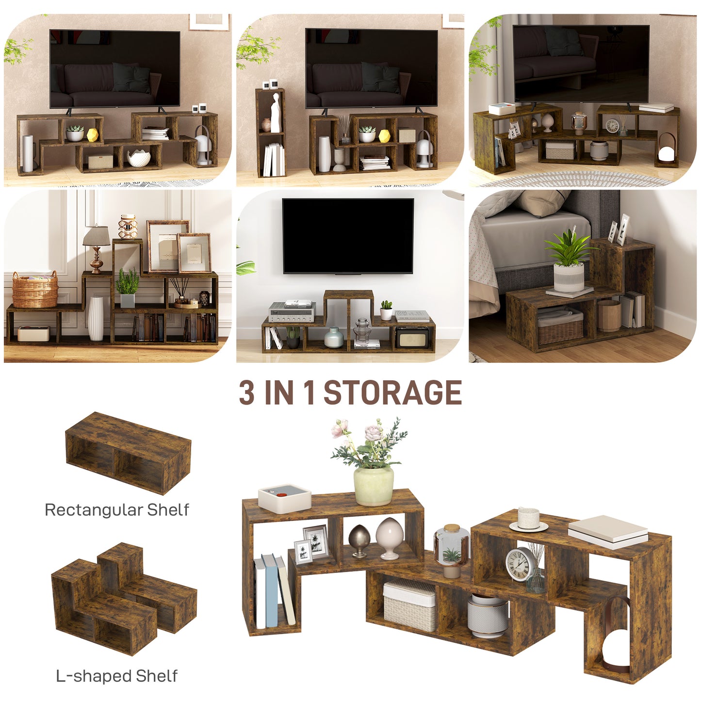 HOMCOM Three Block Modular TV Stand Rustic Brown With Two L Shaped And One Rectangular Block Six Shelves