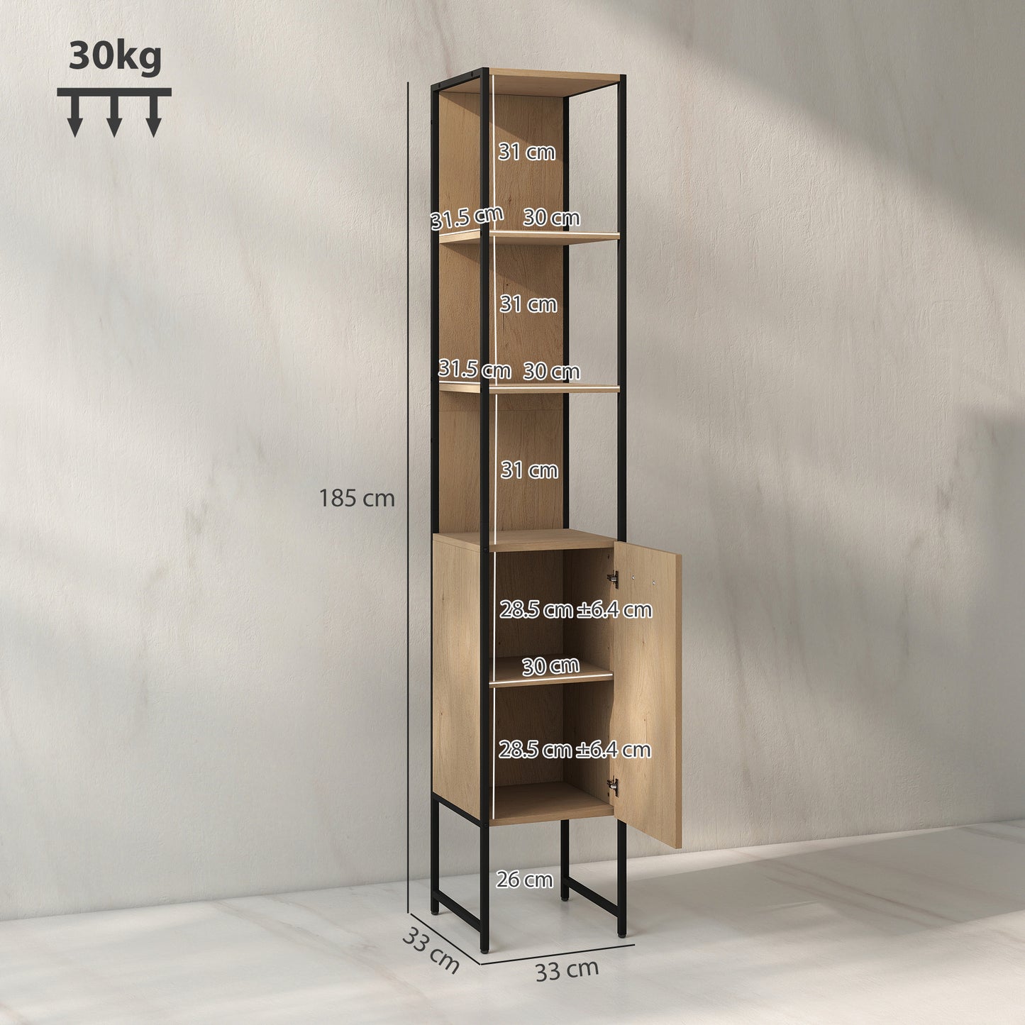 HOMCOM Tall Narrow Bathroom Cabinet With Open Shelves And Adjustable Shelf Natural Wood Finish