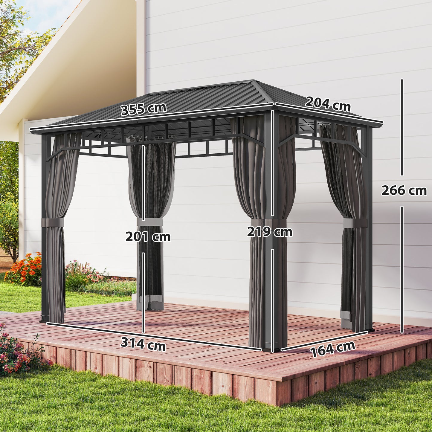 Outsunny 2 x 3.5 m Hardtop Gazebo With Galvanised Steel Roof Waterproof Netting And Curtains For Patio Deck Dark Grey