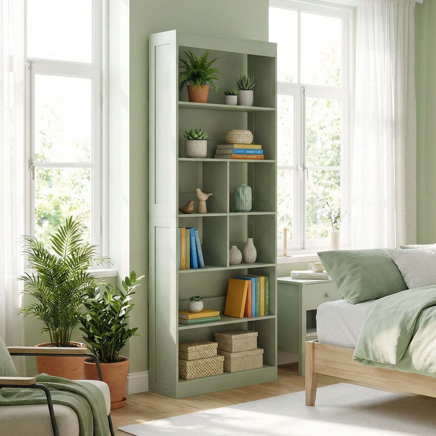 HOMCOM Six Tier Bookcase With Open Storage Shelves And Cubes 180 Cm Tall Green Anti Tipping Display Shelf