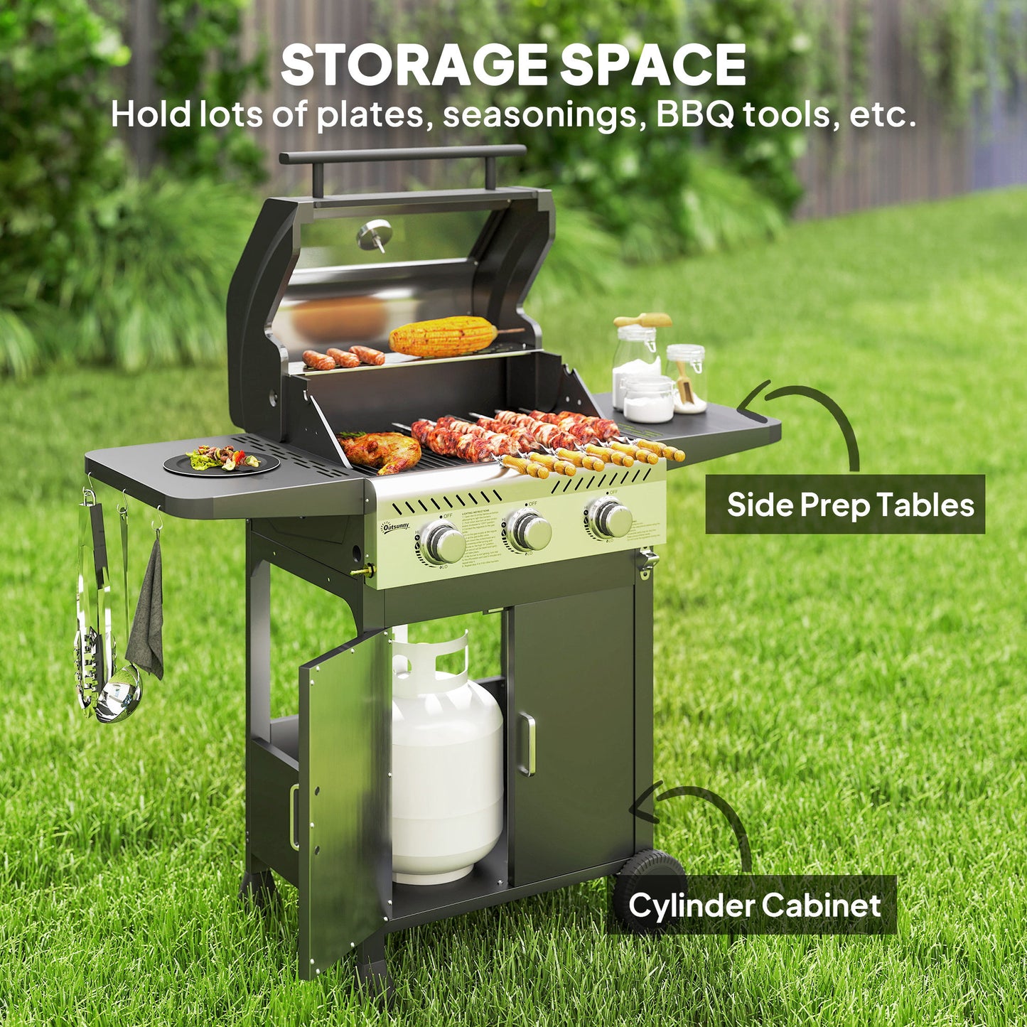 Outsunny 7.5kW Three Burner Gas BBQ Grill With See Through Lid Black For Outdoor Grilling And Family Meals