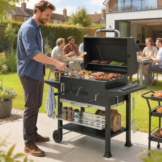 Outsunny Charcoal BBQ Grill Smoker With Electric Rotisserie Kit Portable Barbecue Grill Warming Rack Black