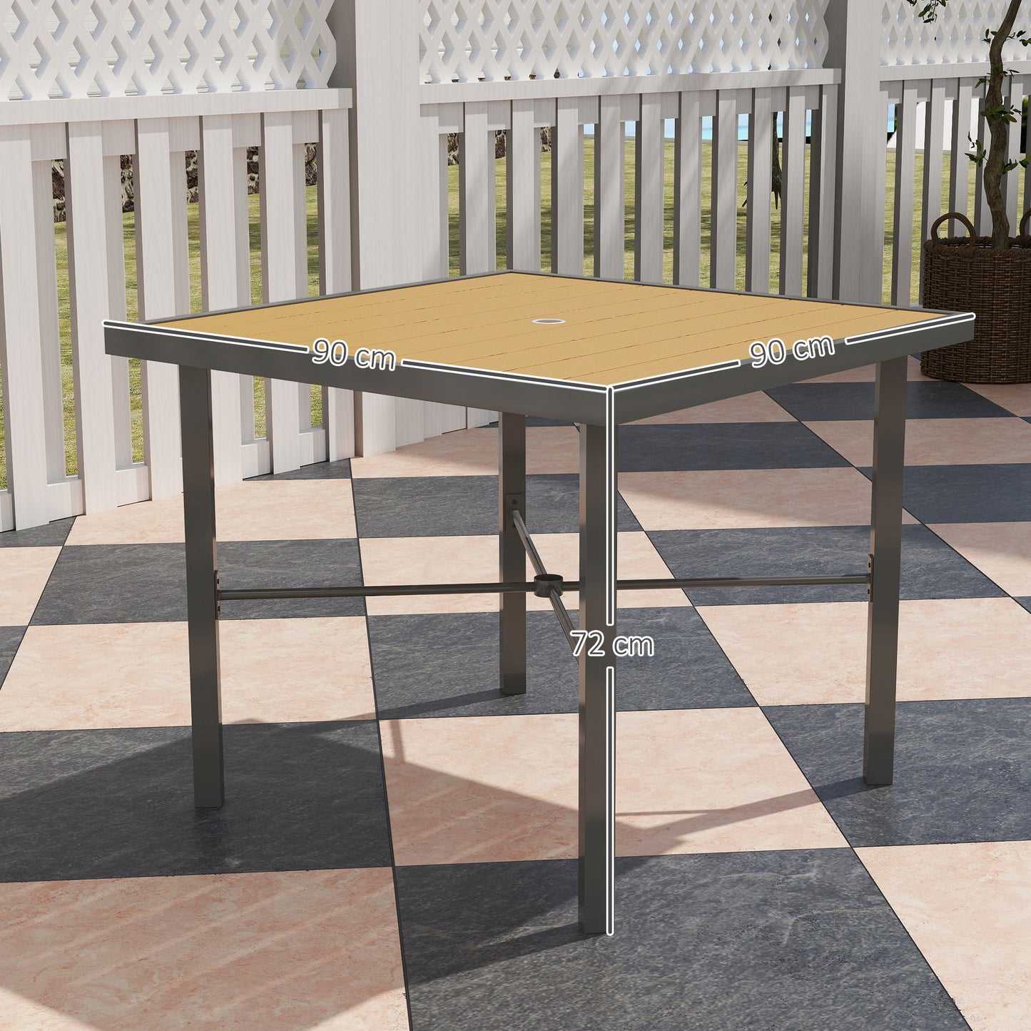 Outsunny 90 cm Outdoor Dining Table For 4 With Umbrella Hole Wood Effect Top Rust Resistant Steel Frame Patio