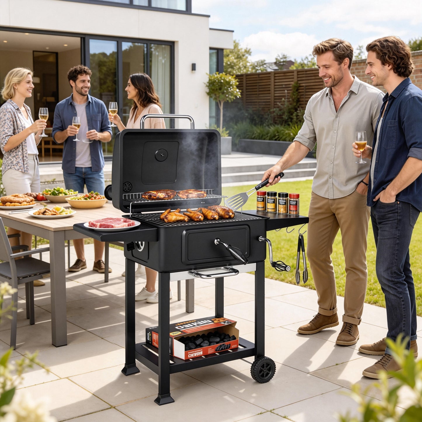 Outsunny Charcoal BBQ Grill With Adjustable Pan Large Outdoor Barbecue Smoker With Side Tables Temperature Control