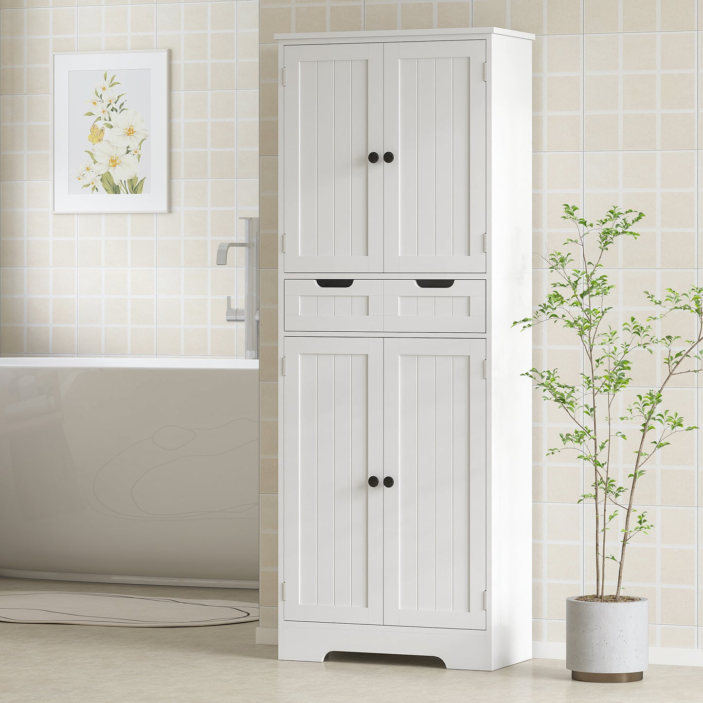 HOMCOM Tall Freestanding Bathroom Cabinet With Drawer Shelves And Doors 60 x 30 x 160 Cm White