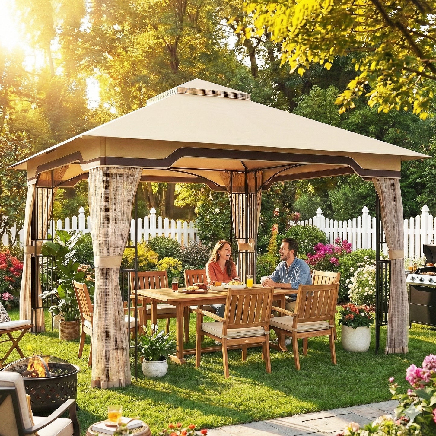 Outsunny 3.3 x 3.3 m Outdoor Garden Gazebo With Post Shelves Hook Khaki UPF50 Plus Patio Permanent Pavilion