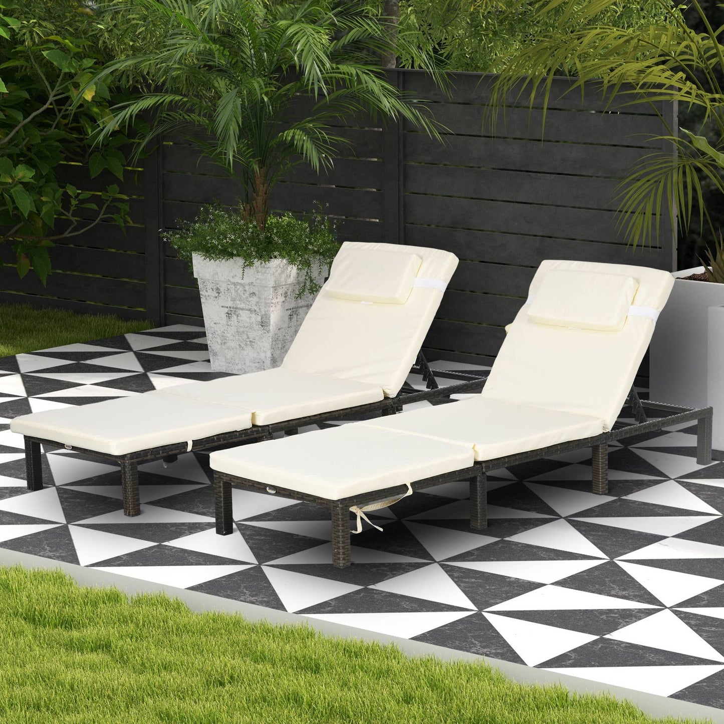 Outsuny Cream White Adjustable Rattan Lounge Chairs Set of 2 with Cushions for Outdoor Relaxation - ALL4U RETAILER LTD