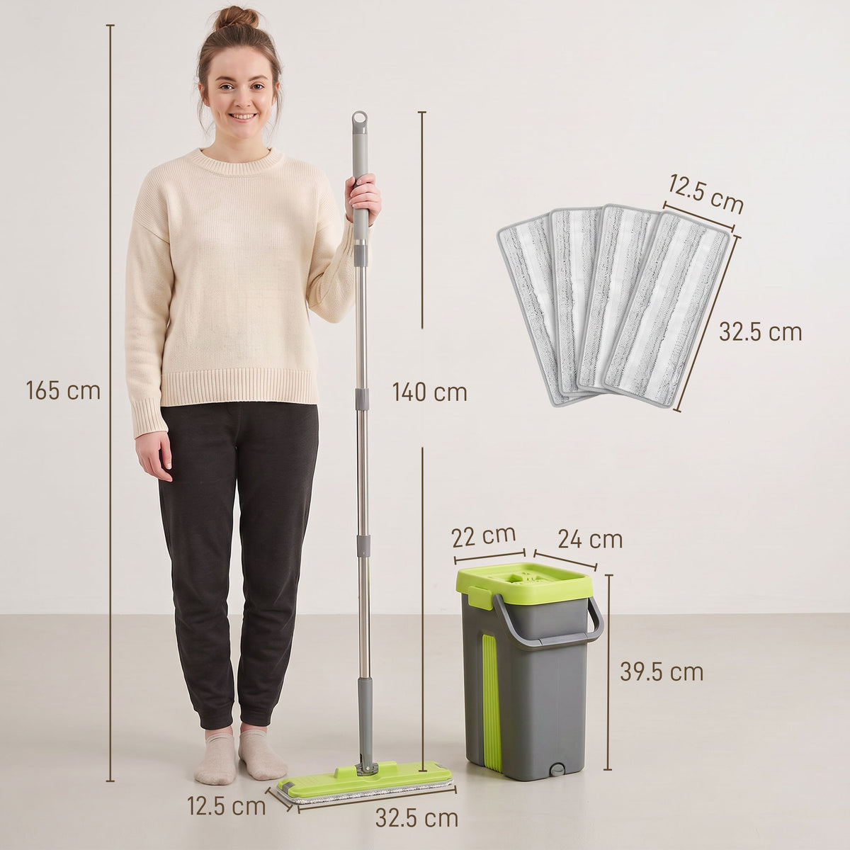 Flat mop and bucket set with measured dimensions, green wringer bucket and extendable handle