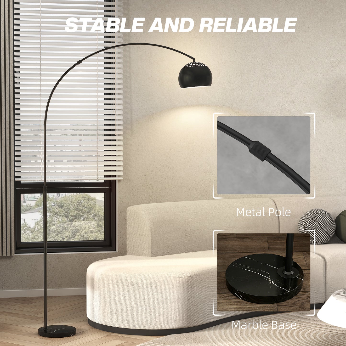 HOMCOM Arc Floor Lamp With Faux Black Marble Base Modern Adjustable Standing Lamp For Living Room