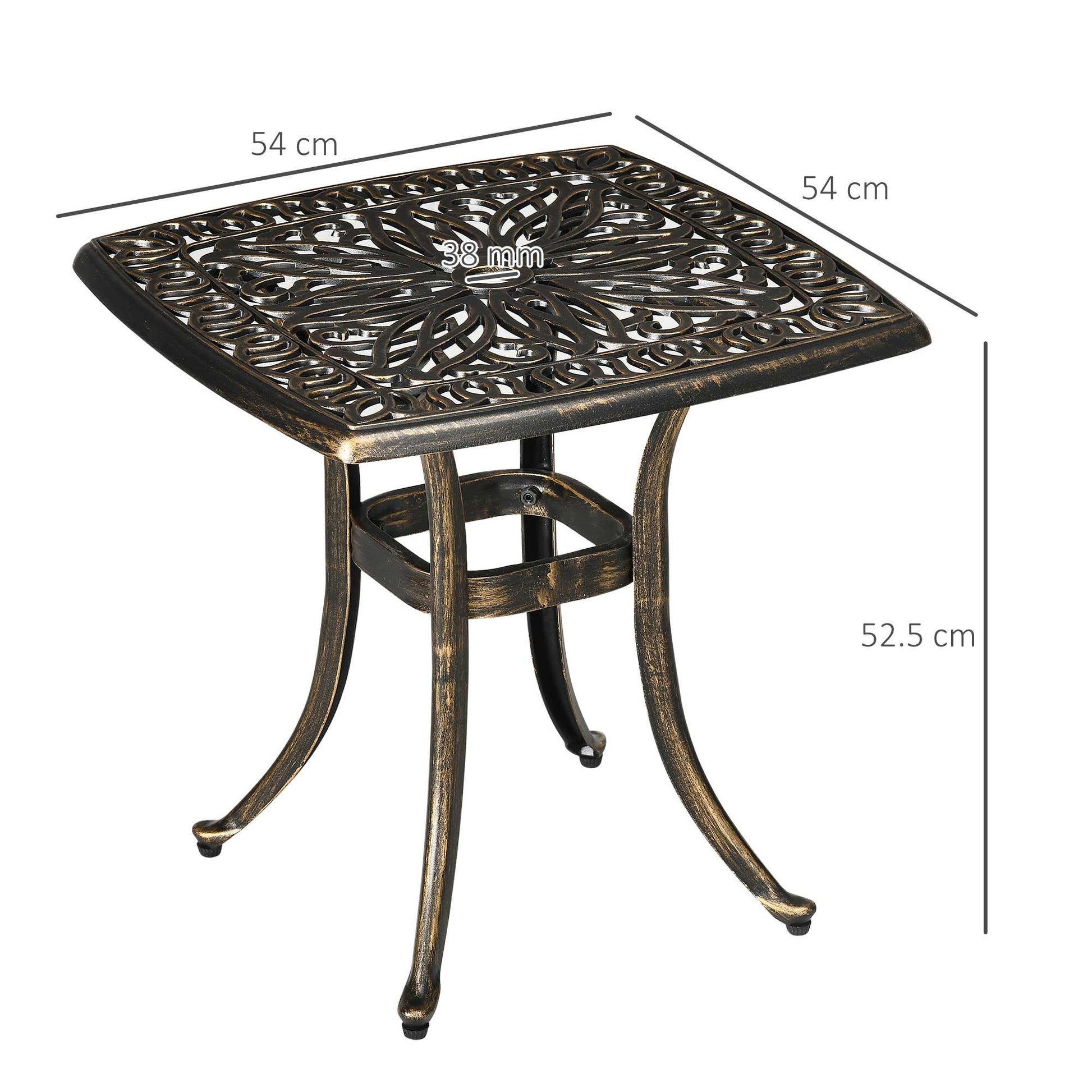 Outsunny Outdoor Patio Side Table with 38mm Dia. Umbrella Hole, Cast Aluminium Patio coffee Table, 54 x 54cm, Bronze - ALL4U RETAILER LTD