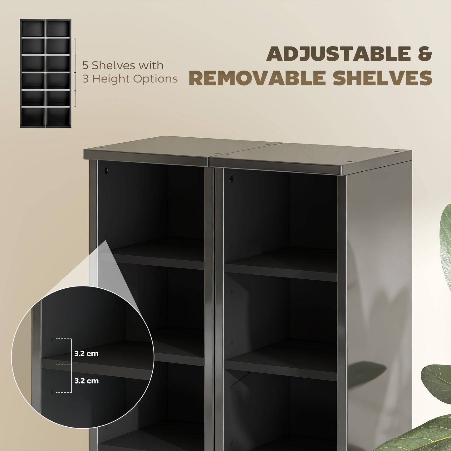 HOMCOM Set Of 2 CD Media Display Shelf Unit Tower Rack With Adjustable Shelves High Gloss Black