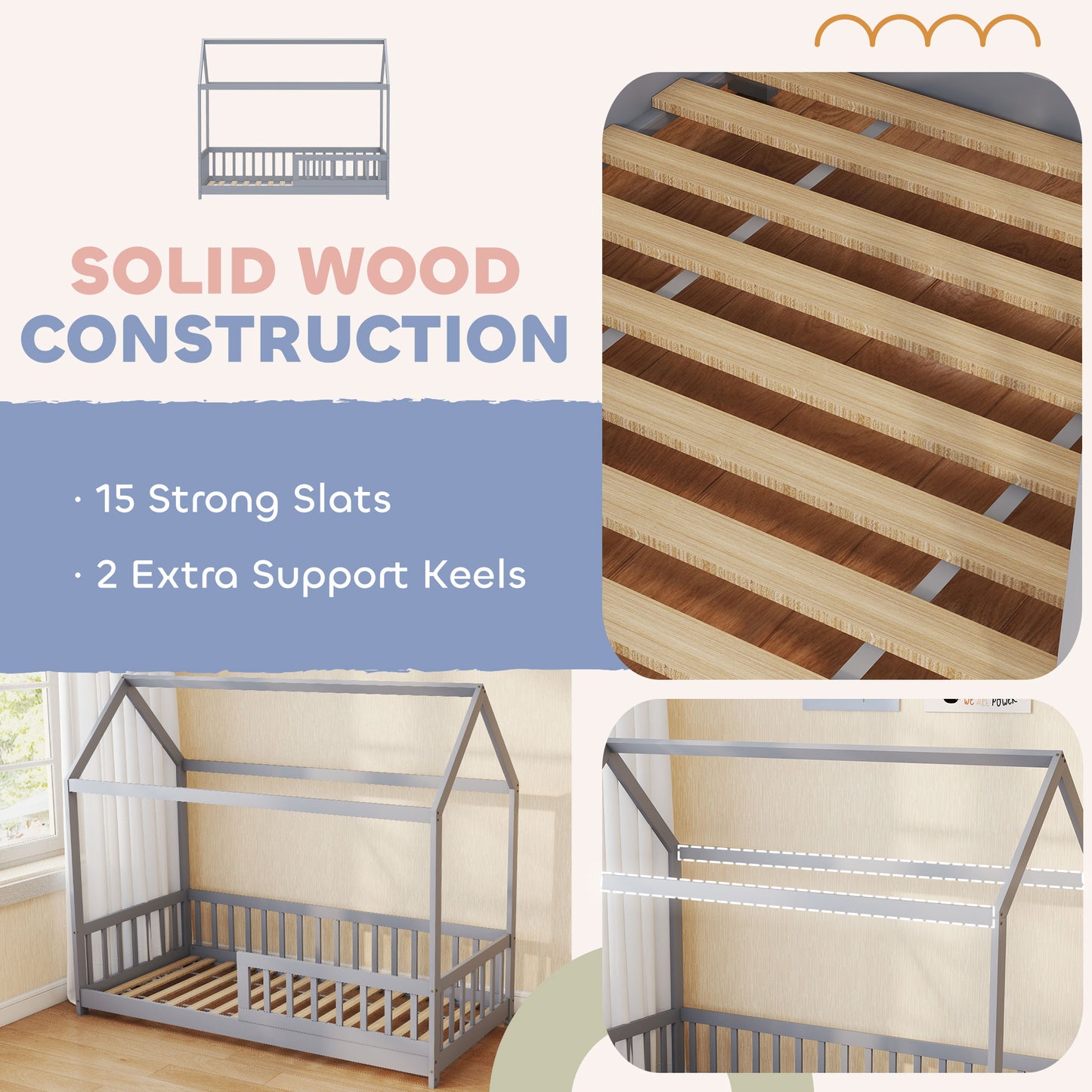 HOMCOM House Shaped Kids Bed Frame With Guard Rails Solid Pine Wood Single Bed Frame For Kids Boys And Girls Grey