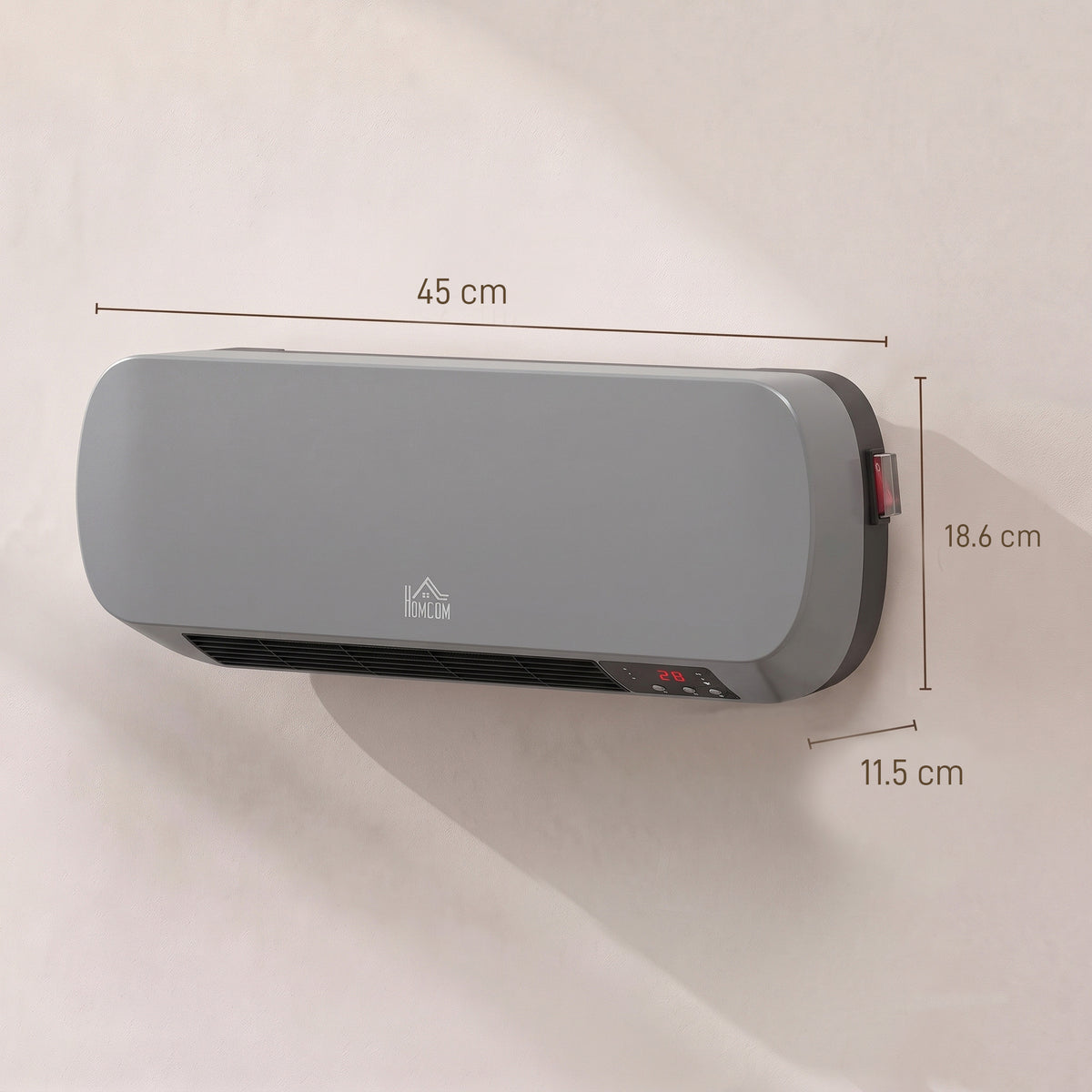 Wall-mounted gray ceramic heater with front vent and size markings on mounting view