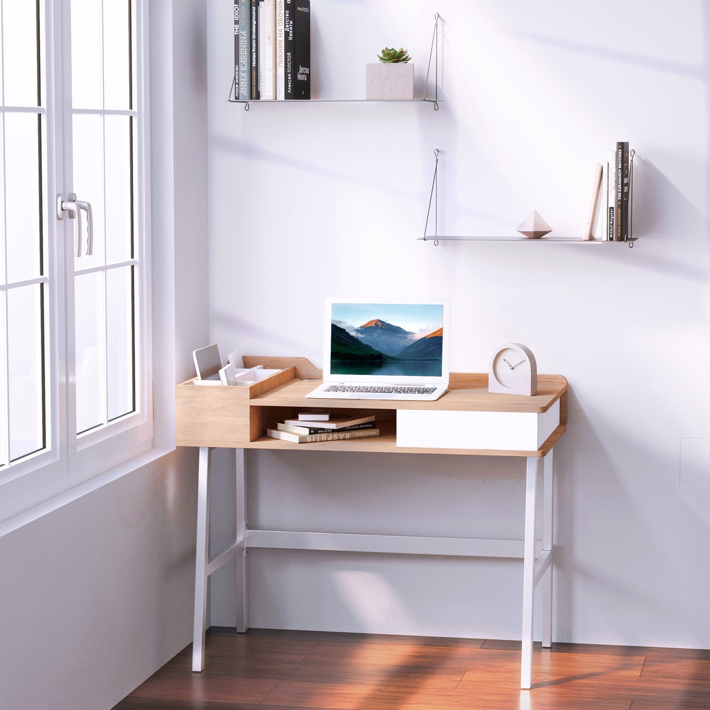 HOMCOM Contemporary Oak and White Computer Desk with Drawer and Storage Compartment - ALL4U RETAILER LTD