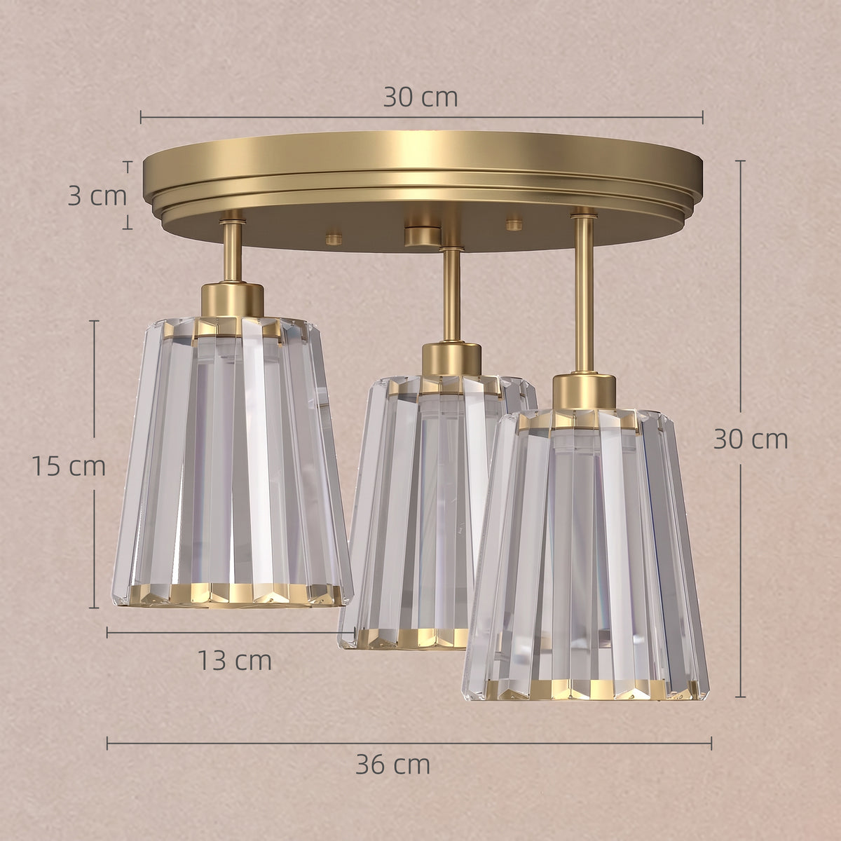 HOMCOM 3 Light Crystal Glass Ceiling Light Gold Triple Head Dual Mount