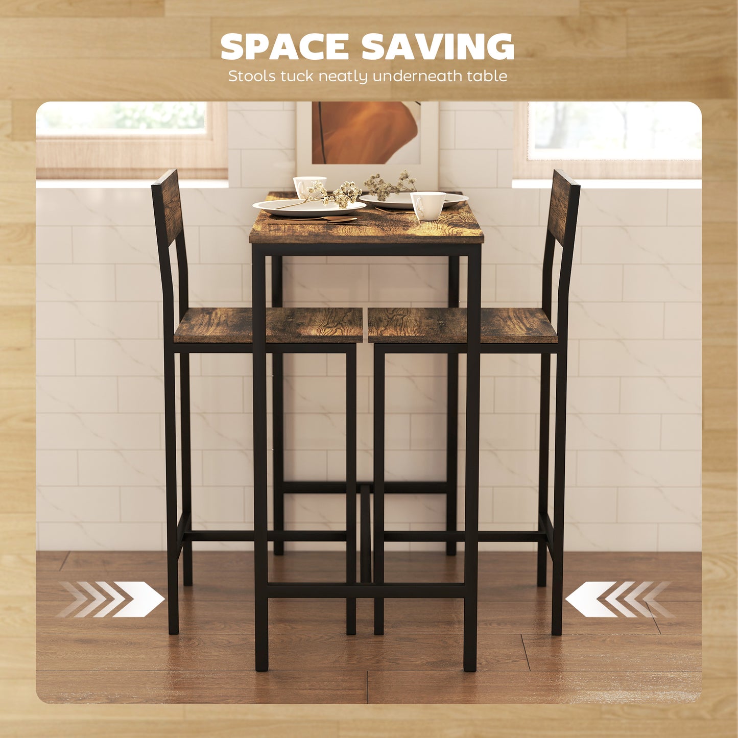 Homcom 3 Piece Bar Table Set With 2 Stools Breakfast Bar Set With Footrest Backrest For Dining Room Small Space